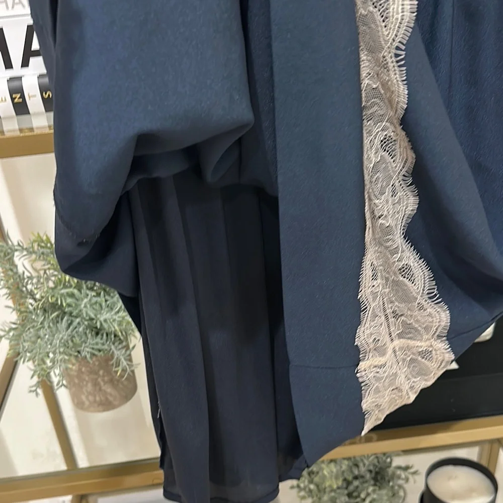 Navy Blue Midi Dress with Lace Accents